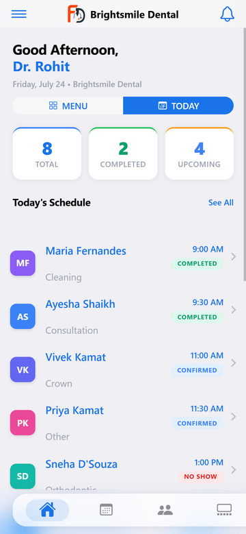 Today's schedule on the FAB Doctor mobile app